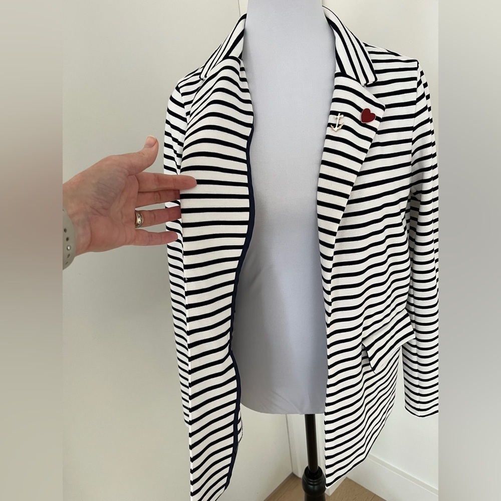 FDJ Striped Unstructured Blazer Open Front Lapels Flap Pockets Nautical Career - Picture 7 of 17